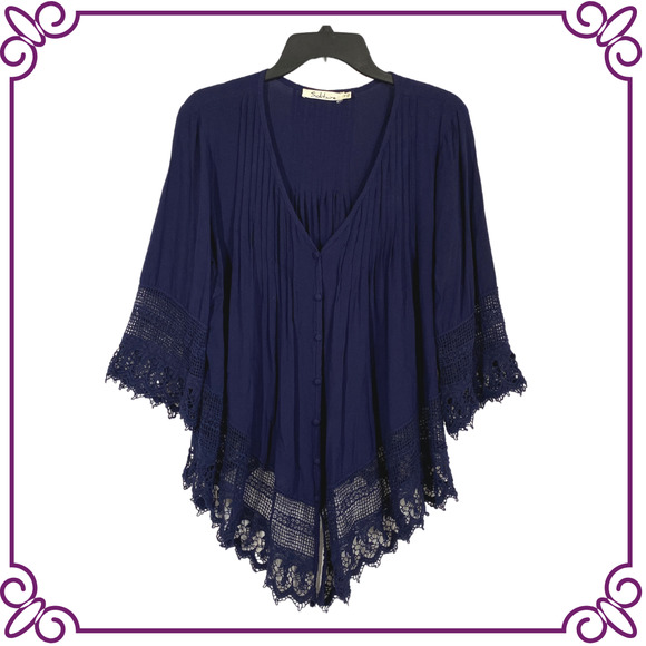 Solitaire Tops - Solitaire Blue Boho V Neck Crochet Lace Trim 3/4 Sleeve Tunic Blouse - 1X